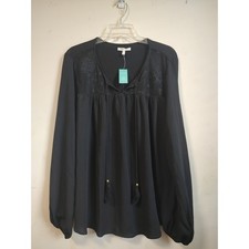 Maurices Black Embroidered Mesh Panel Tassel Peasant Top XL New picture