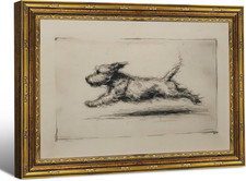 Vintage Gold Framed Wall Art Antique Terrier Sketch Running Dog Wall Decor 9x11