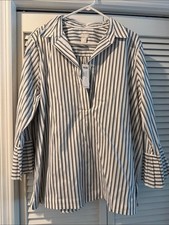 Chico's Black and White Vertical Stripe Button-Down Blouse picture