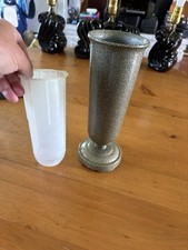 Vtg Memorial Flower Vase for Grave Headstone Aluminum-Metallic Gold Flake-9.25” picture