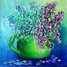 Lilac oil painting. Abstract flowers purple and turquoise in a vase. No frame 20х20 picture
