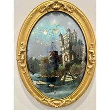 Antique reverse glass On The Danube castle painting convex glass gold frame  picture