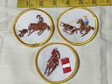 Vintage LOT x3 WESTERN COWBOY PATCHES Riding Roping Racing Rodeo Embroid NOS NEW picture