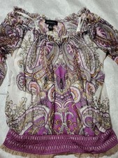 INC International Concepts White, Purple and Gold Paisley Peasant Blouse Large picture