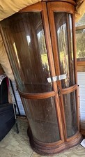 1960 vinCurved Glass Front Curio Cabinet Brown Wood Frame, Freestanding 2 Doors picture