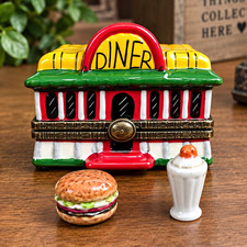 Vintage 1990s Porcelain Hinged Box Drive-In Diner w Burger Drink Miniatures PHB picture