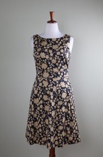 TALBOTS $158 Navy Beige Floral Pleated Lined Sleeveless A-Line Dress Size 10 picture