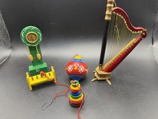 Vintage Wooden Christmas Ornaments Lot Clock Harp Ornament Top Bench  picture