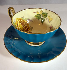 Aynsley Bone China England Tea Cup & Saucer Blue Floral Gold Trim artist signed picture