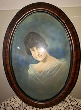 Antique Oval Wood Bubble Convex Glass Wood Picture Frame 22.5x16” Photo of Woman picture