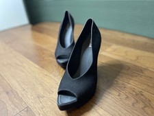 Melissa Womens Heels 9 Black Vegan Suede Leather Peep Toe Silver Block Heel picture