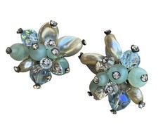 Vintage Signed Vendome Aqua AB Crystal Faux Pearl Cluster Clip On Earrings 1.5in picture