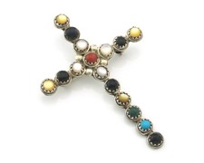 Zuni Cross Pendant Pin Sterling Silver Natural Gemstones Signed MCW Vintage picture