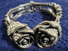 RARE VINTAGE STYLE GOTHIC ROSE CUFF BYPASS BRACELET WITH RHINESTONES picture