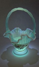 Fenton Glass Charleton Basket Blue Topaz Satin White Crest Signed UV Glows 2002 picture