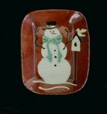 Turtlecreek Potters Redware Handpainted Snowman Trinket Dish picture