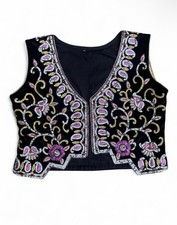 Vintage Kurdish Velvet Vest Hand Embroidered Crop Boho Festival Gold Zari Small picture