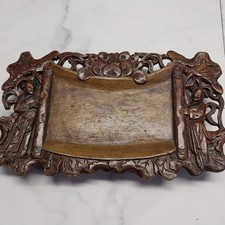 Saito Atsuhiro Wood Tray Japan Handcarved wood Antique signed picture
