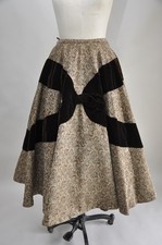 Vintage 1950s Brown Fall Print Velvet Trim Circle Skirt Bow Detail Party M picture