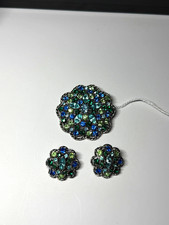 Vintage 1950s Weiss Signed Floral Blue Green Brooch & Earrings Set picture