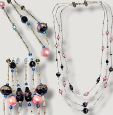 Vintage 3-Strand Wedding Cake Beaded Necklace With Bugle Beads & Pink Pearls picture