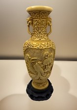 Antique Signed Chinese Carved Soapstone Vase Detailed Engraving Natural Stone11” picture