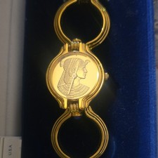 RARE VTG FRANKLIN MINT CLEOPATRA BRACELET WATCH 22K YELLOW GOLD PLATED W/BOX picture