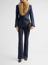 NEW Cinq A Sept  Monica Faux-Fur-Trim Denim Blazer Indigo Tan Natural 6810 picture