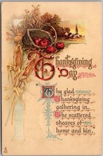Vintage 1910s Tuck's THANKSGIVING DAY Postcard Apple Basket / Corn - Farm Scene picture