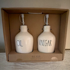 Rae Dunn Artisan Collection White Ceramic Oil & Vinegar Set w/ Lids, 2pc picture