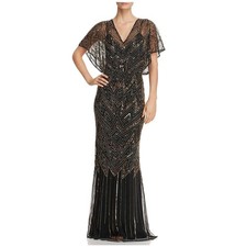 NWT Aidan Mattox Black Sequined Beaded V-Neck Short Sleeve Gown picture
