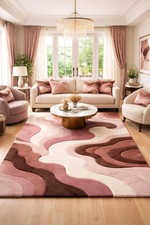 Hand-Tufted Wool Rug – Pink & Dark Brown Wave Design, Soft Designer Area Carpet. picture