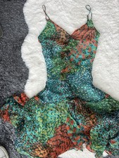 BCBGMAXAZRIA Iconic Green/Teal Peacock Asymmetrical Mermaid Silk Dress picture