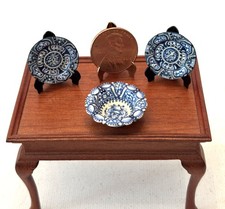 Dollhouse miniature 3 pc lot Amanda Skinner blue+white dinnerware, 1:12 picture