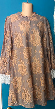 Allegra K Women’s L Gray/Beige Floral Lace Shift Dress V-Neck 3/4 Button picture