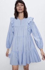 ZARA Blue Tiered Ruffle Dress w Balloon Long Sleeve Round Neck XS picture
