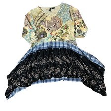 Zashi Womens Lagenlook XL Mixed Media Boho Tunic Top Plaid Floral Handkerchief picture