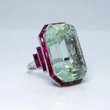 Vintage Art Deco Style 7CT Aquamarine & Ruby Halo Wedding Ring 14K White Gold FN picture