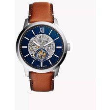 Fossil Men's Watch Townsman Automatic Skeleton Blue Dial Leather Strap ME3154 picture
