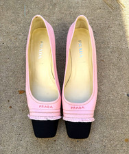 Prada Pink Black Canvas Square Toe Slip On Pump Heels Logo Accent US 7.5 picture