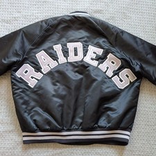 Vintage Raiders Jacket Mens Large Black NFL Football Chalk Line Satin Bomber USA picture