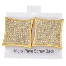 Men's Huge 25MM Hip Hop Kite Earrings Micro Pave 13 Rows Gold Plated Screw Back picture