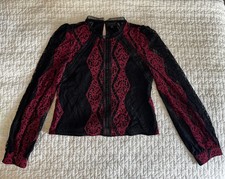 Gracia Womens Lace Blouse Top Black Magenta Red Long Sleeve Mock Neck Keyhole L picture