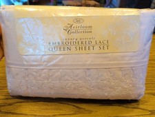 New Vintage Heirloom Collection Luxury Percale Embroidered Lace Queen Sheet Set picture