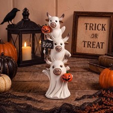 Highland Cow Halloween Ghost Figurine 7.9 Inch with Pumpkin Resin Cute Stacked D picture