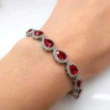 12.9 Ct Pear Cut Lab-Created Red Ruby Halo Bracelet 14K White Gold Plated picture