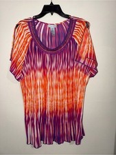 Catherines Women’s 0X Orange Purple Abstract Flutter Sleeve Blouse picture