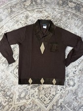 Vtg 70’s DAMON Made In Italy Wool/Acrylic -suede Collar Sweater Rockabilly Brown picture