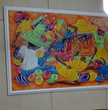Vintage Traditional Haitian Marketplace Original Painting  62x46 Inches picture