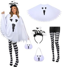 4 PCS Halloween Costume Set for Women Adult Ghost Costume, Ghost Poncho, Candy b picture
